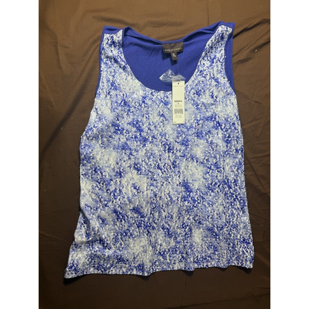NWT Dana Buchman Women's XL Blue Sequin Lotus Tank Top Sleeveless Party
